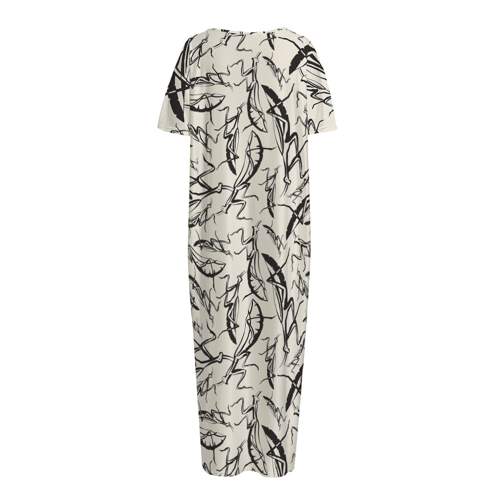 Hand Drawn Mantis Pattern Print Short Sleeve Long Nightdress