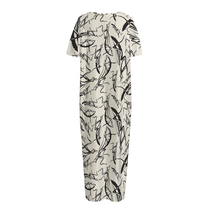 Hand Drawn Mantis Pattern Print Short Sleeve Long Nightdress