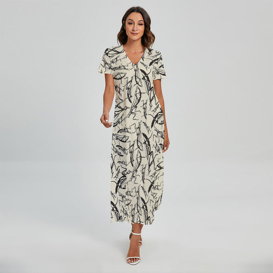 Hand Drawn Mantis Pattern Print Short Sleeve Maxi Dress