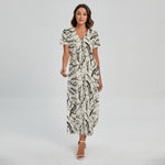 Hand Drawn Mantis Pattern Print Short Sleeve Maxi Dress