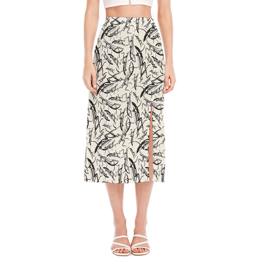 Hand Drawn Mantis Pattern Print Side Slit Midi Skirt