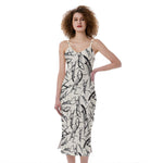 Hand Drawn Mantis Pattern Print Slim Fit Midi Cami Dress