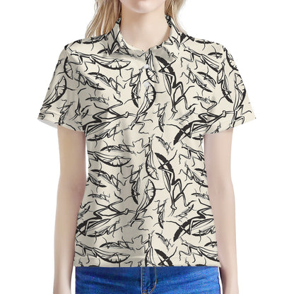 Hand Drawn Mantis Pattern Print Women's Polo Shirt