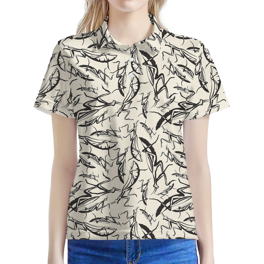 Hand Drawn Mantis Pattern Print Women's Polo Shirt