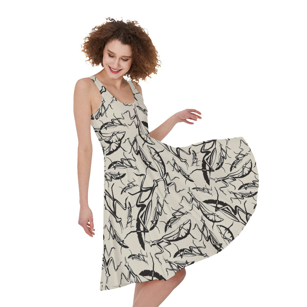 Hand Drawn Mantis Pattern Print Women's Sleeveless Dress