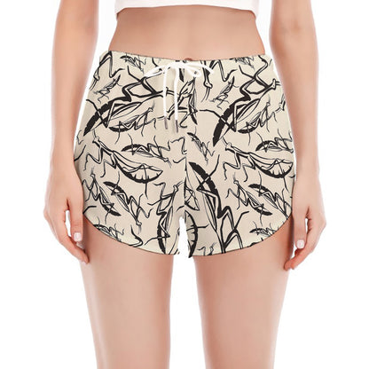 Hand Drawn Mantis Pattern Print Women's Split Running Shorts