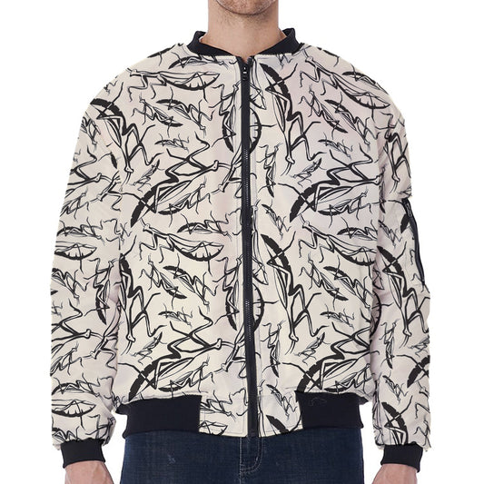 Hand Drawn Mantis Pattern Print Zip Sleeve Bomber Jacket