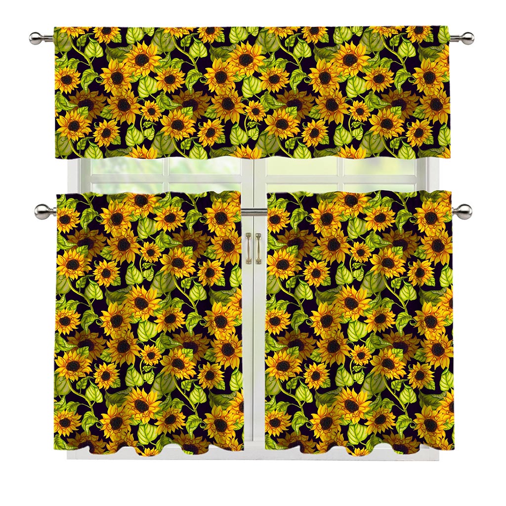 Hand Drawn Sunflower Pattern Print 3 Piece Kitchen Curtains