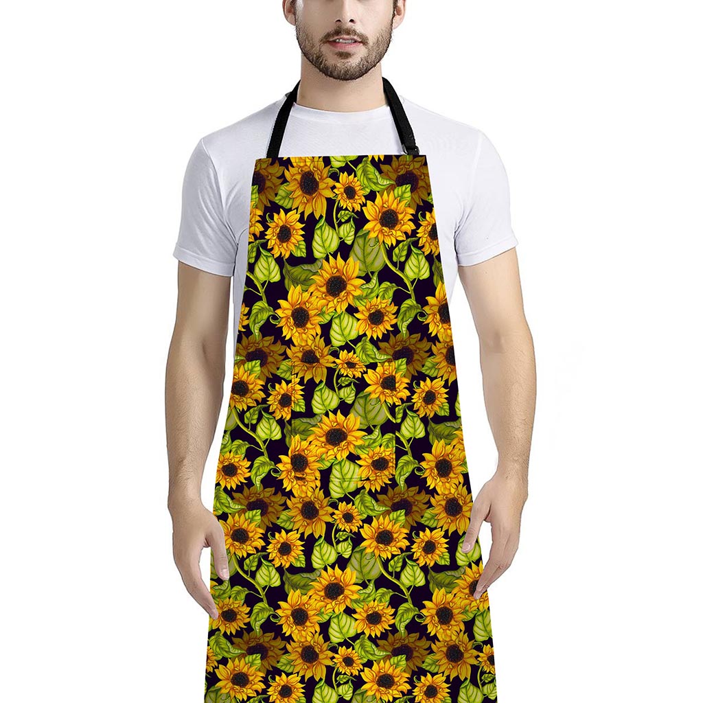 Hand Drawn Sunflower Pattern Print Bib Apron With Pocket