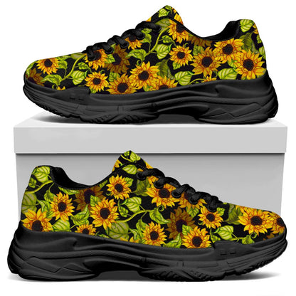 Hand Drawn Sunflower Pattern Print Black Chunky Shoes