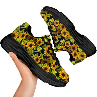 Hand Drawn Sunflower Pattern Print Black Chunky Shoes
