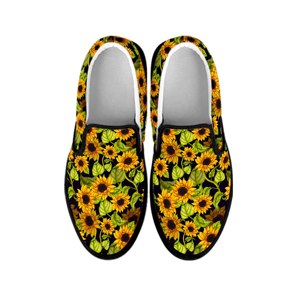 Hand Drawn Sunflower Pattern Print Black Slip On Sneakers