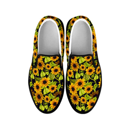 Hand Drawn Sunflower Pattern Print Black Slip On Sneakers