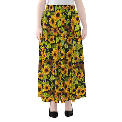 Hand Drawn Sunflower Pattern Print Chiffon Maxi Skirt