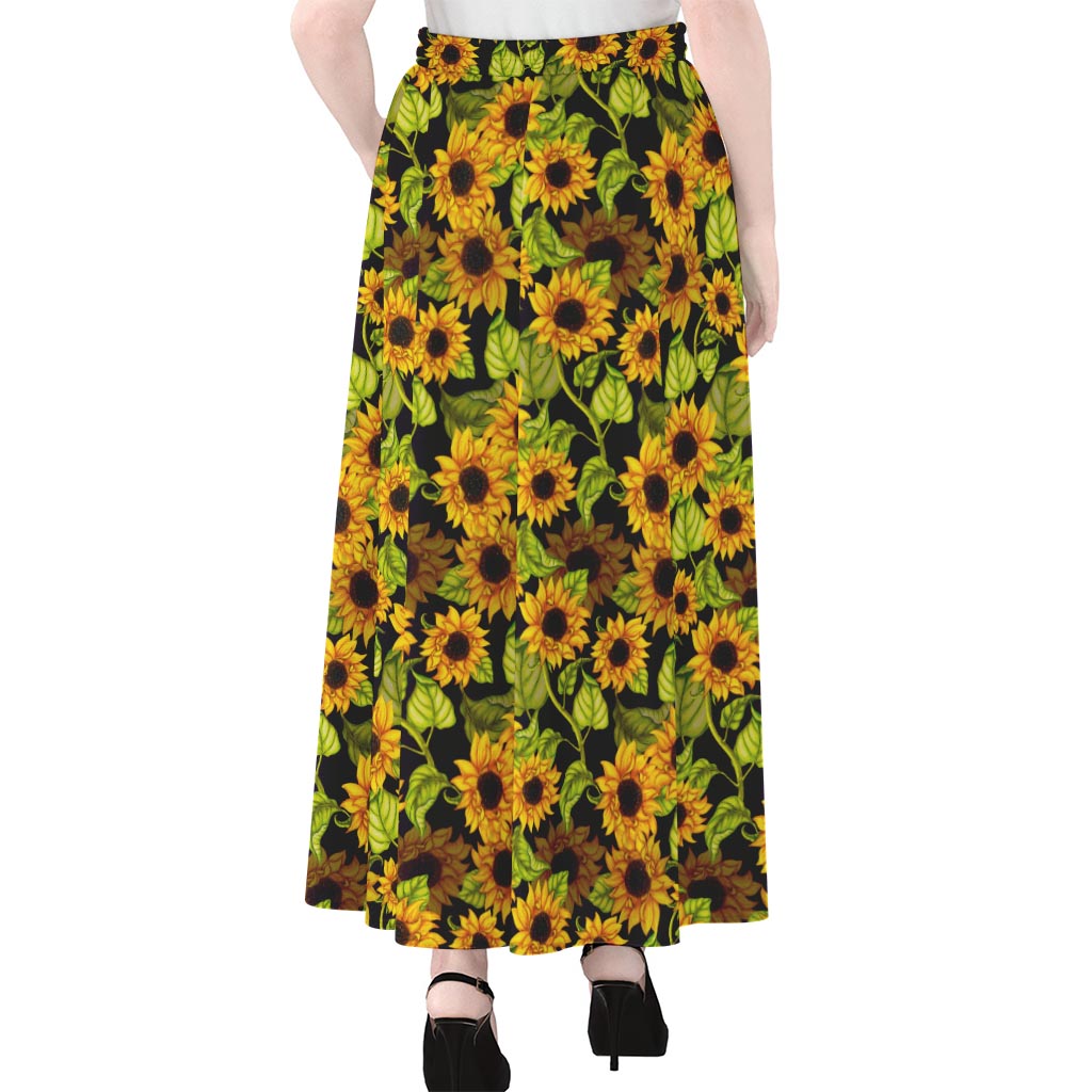 Hand Drawn Sunflower Pattern Print Chiffon Maxi Skirt