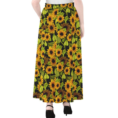 Hand Drawn Sunflower Pattern Print Chiffon Maxi Skirt