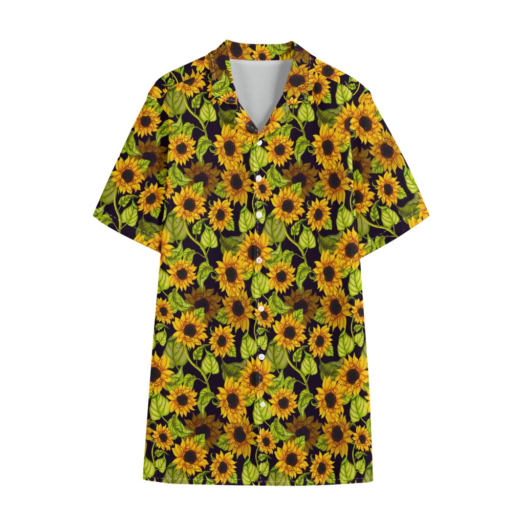 Hand Drawn Sunflower Pattern Print Cotton Hawaiian Shirt