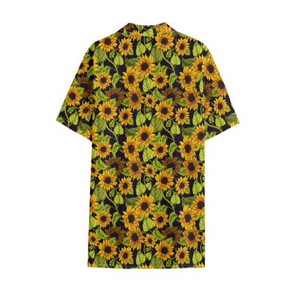 Hand Drawn Sunflower Pattern Print Cotton Hawaiian Shirt
