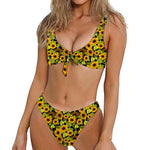 Hand Drawn Sunflower Pattern Print Front Bow Tie Bikini