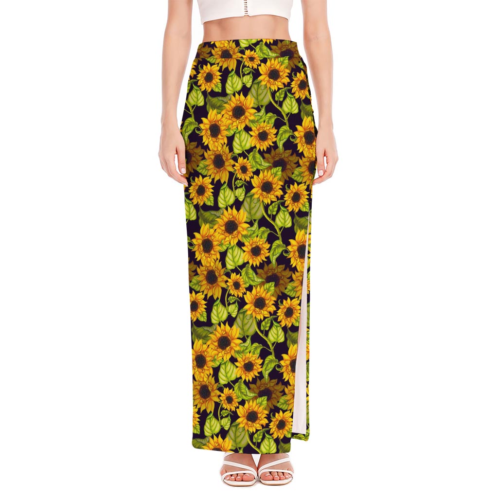 Hand Drawn Sunflower Pattern Print High Slit Maxi Skirt