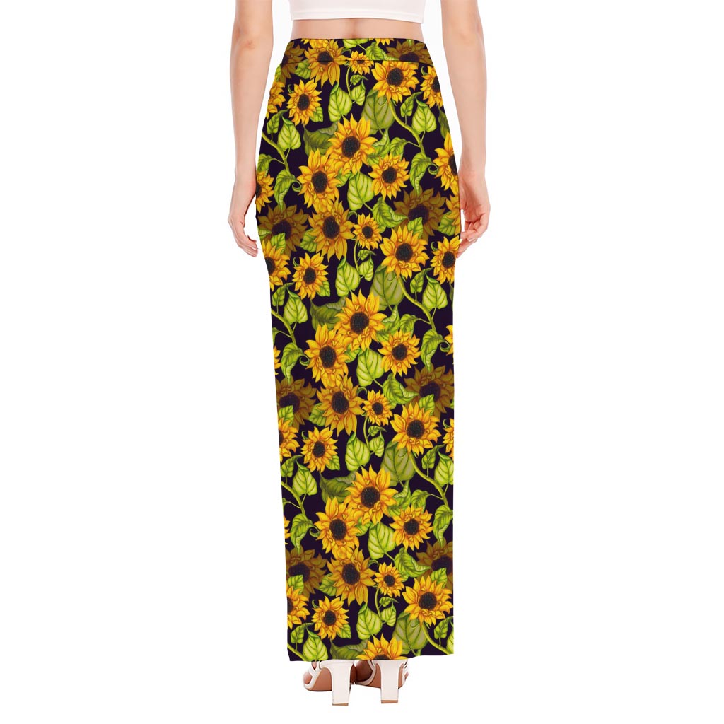 Hand Drawn Sunflower Pattern Print High Slit Maxi Skirt