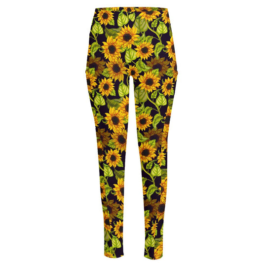 Hand Drawn Sunflower Pattern Print High-Waisted Pocket Leggings