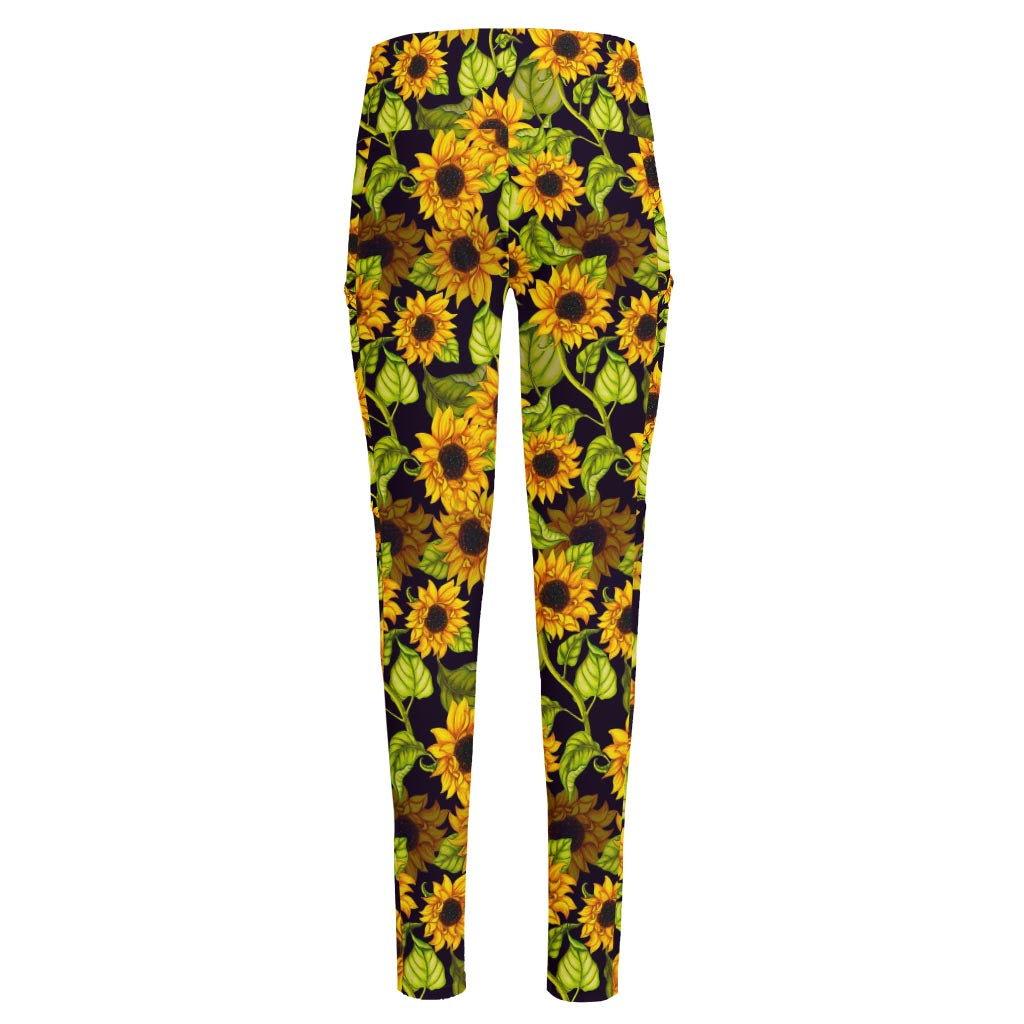 Hand Drawn Sunflower Pattern Print High-Waisted Pocket Leggings