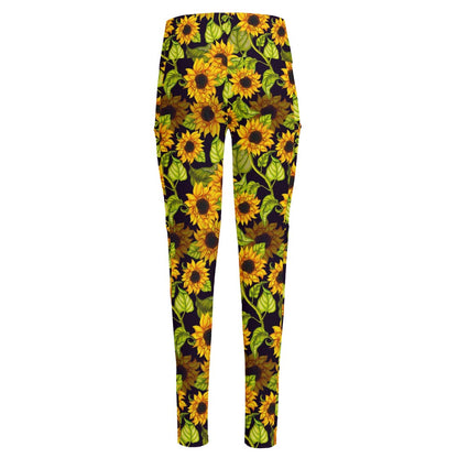 Hand Drawn Sunflower Pattern Print High-Waisted Pocket Leggings