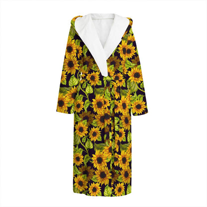 Hand Drawn Sunflower Pattern Print Hooded Bathrobe
