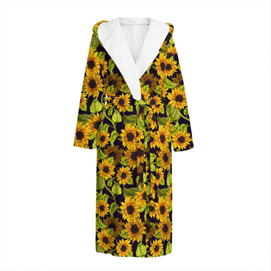 Hand Drawn Sunflower Pattern Print Hooded Bathrobe