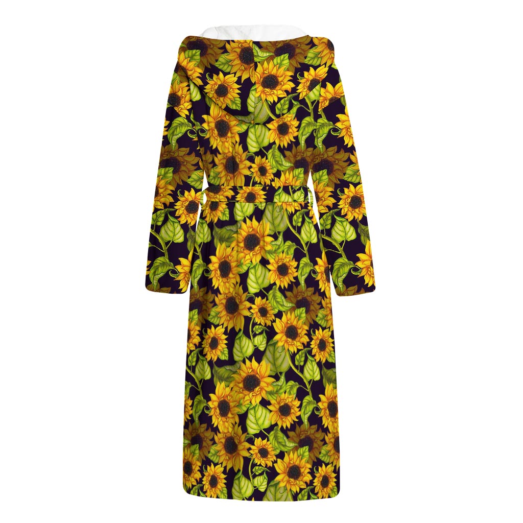 Hand Drawn Sunflower Pattern Print Hooded Bathrobe