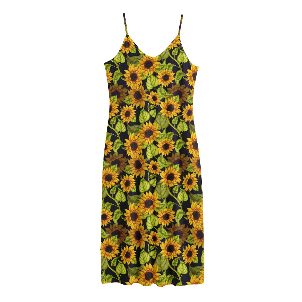 Hand Drawn Sunflower Pattern Print Jersey Midi Cami Dress