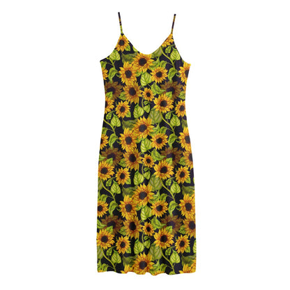 Hand Drawn Sunflower Pattern Print Jersey Midi Cami Dress