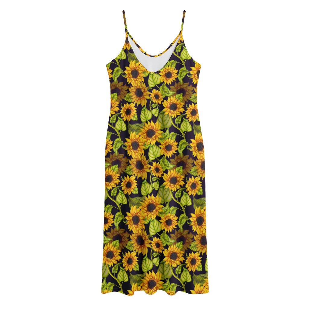 Hand Drawn Sunflower Pattern Print Jersey Midi Cami Dress