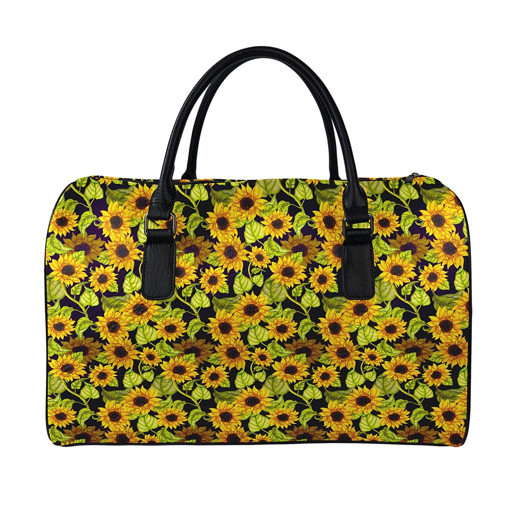 Hand Drawn Sunflower Pattern Print Leather Duffle Bag