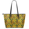 Hand Drawn Sunflower Pattern Print Leather Tote Bag With Zipper