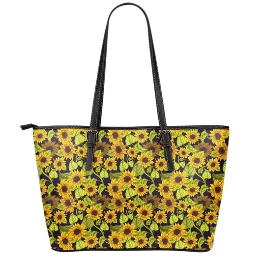 Hand Drawn Sunflower Pattern Print Leather Tote Bag