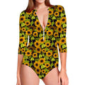 Hand Drawn Sunflower Pattern Print Long Sleeve Swimsuit