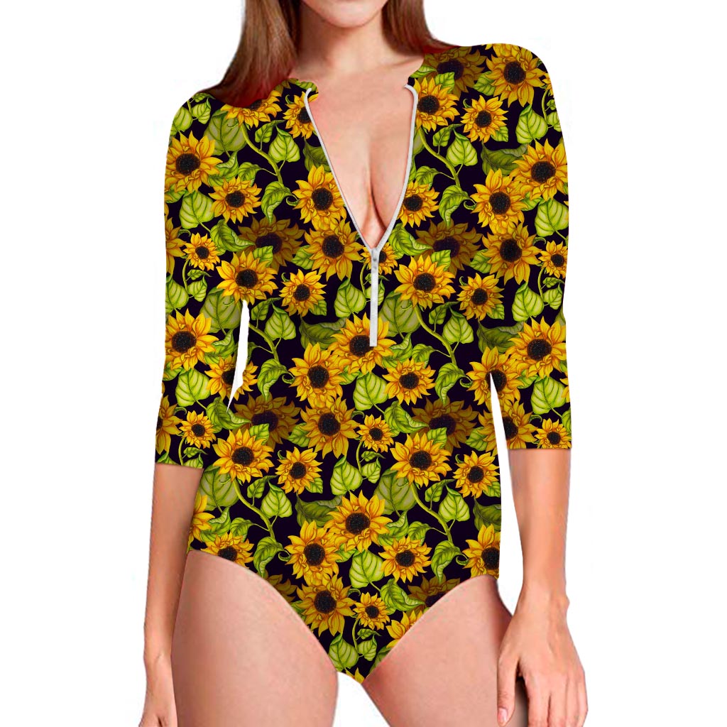 Hand Drawn Sunflower Pattern Print Long Sleeve Swimsuit