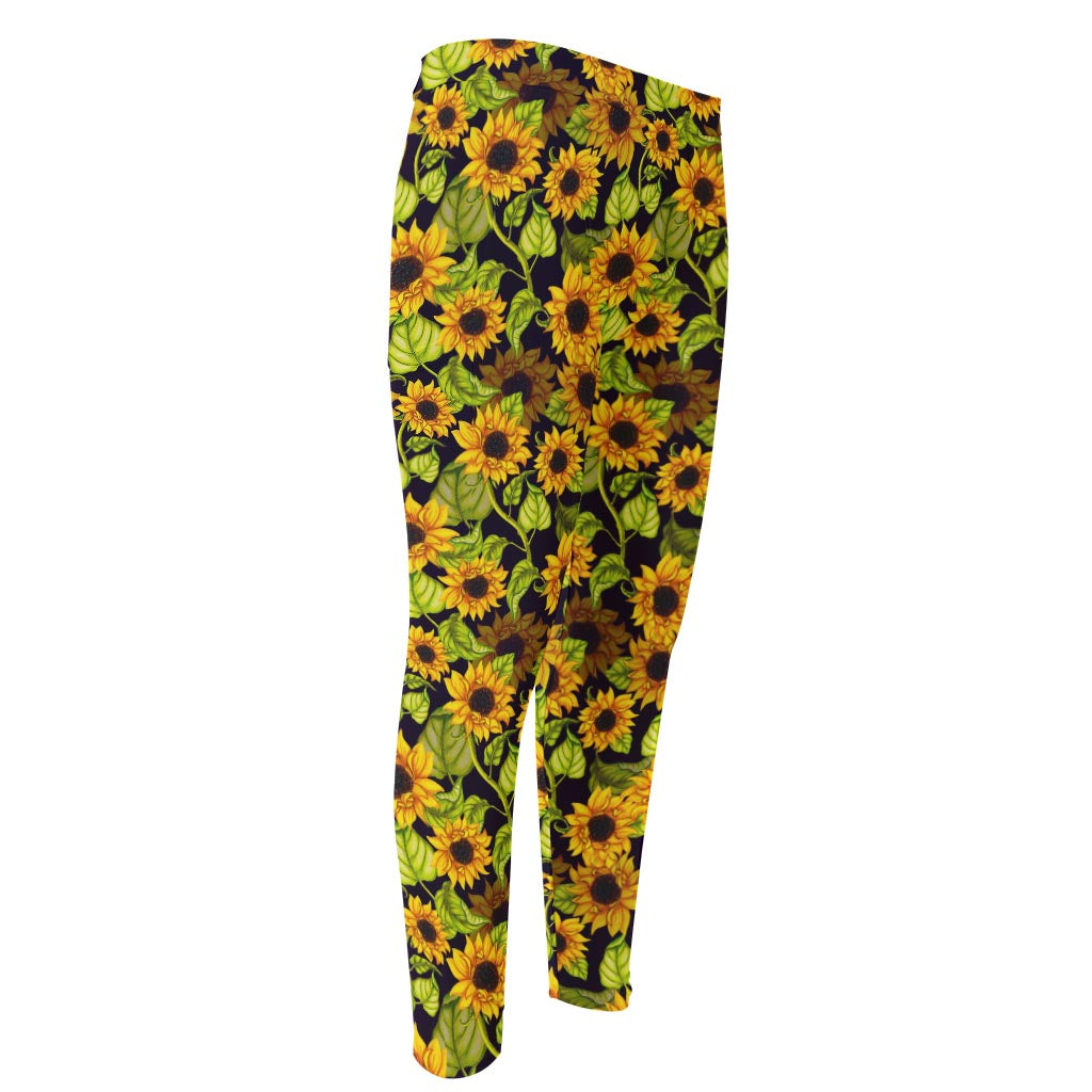 Hand Drawn Sunflower Pattern Print Men's Compression Pants