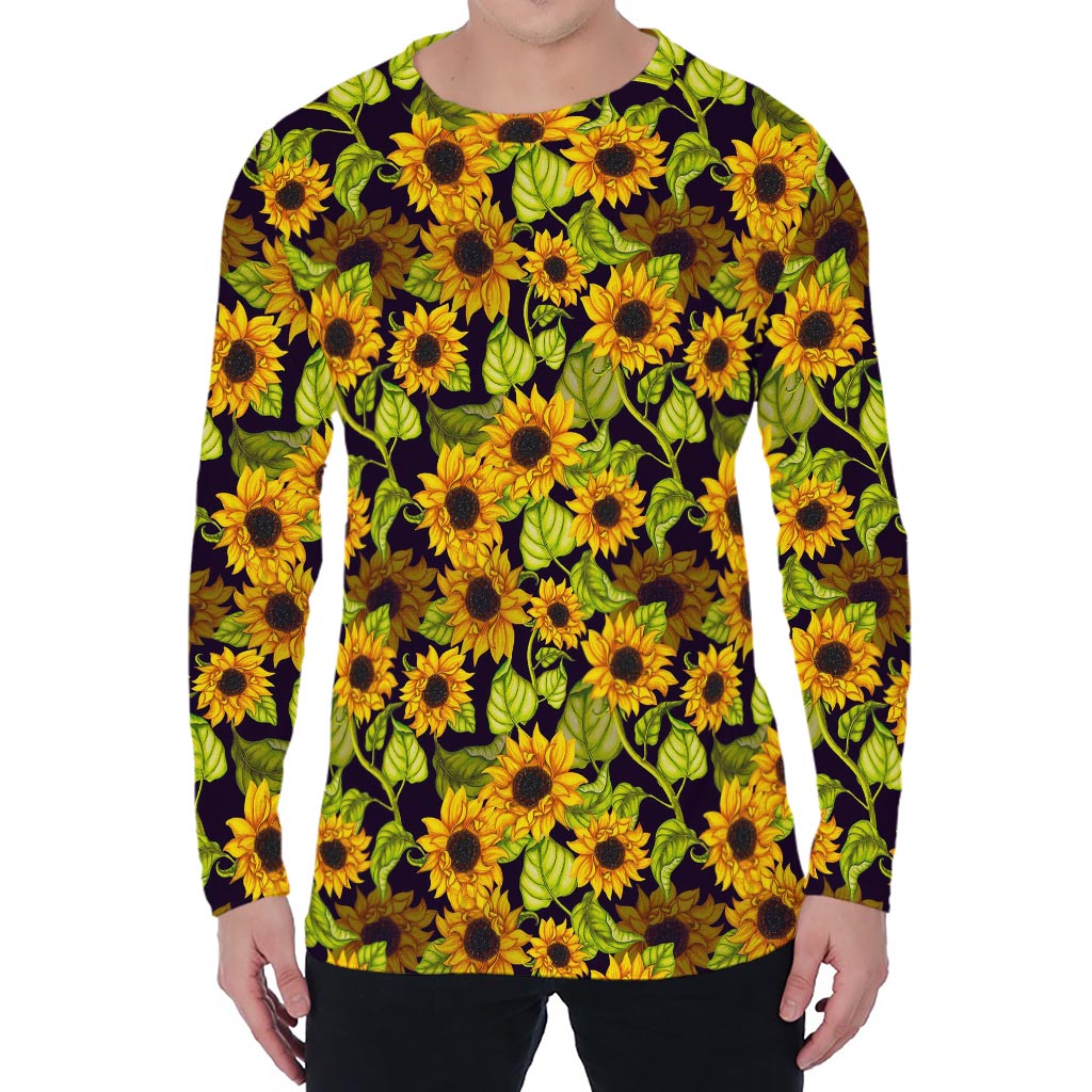 Hand Drawn Sunflower Pattern Print Men's Long Sleeve T-Shirt