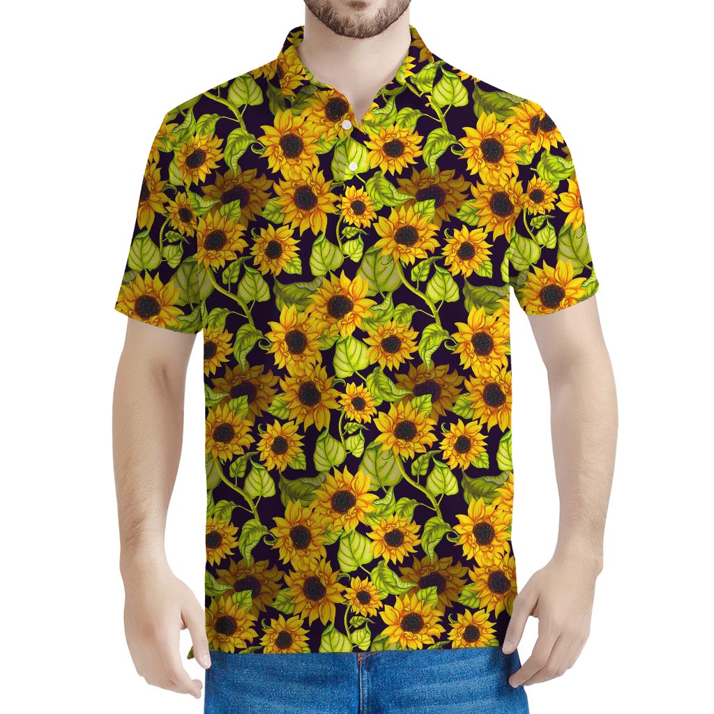 Hand Drawn Sunflower Pattern Print Men's Polo Shirt