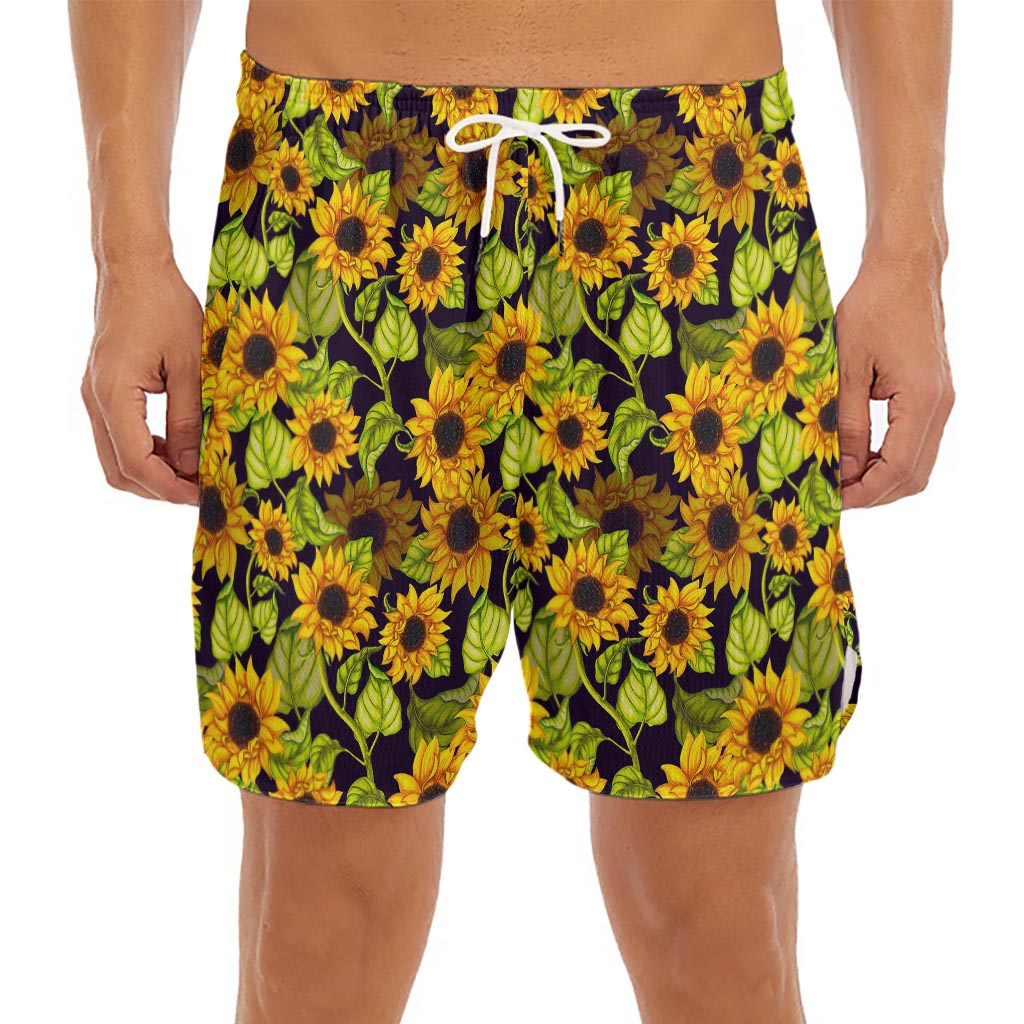 Hand Drawn Sunflower Pattern Print Men's Split Running Shorts