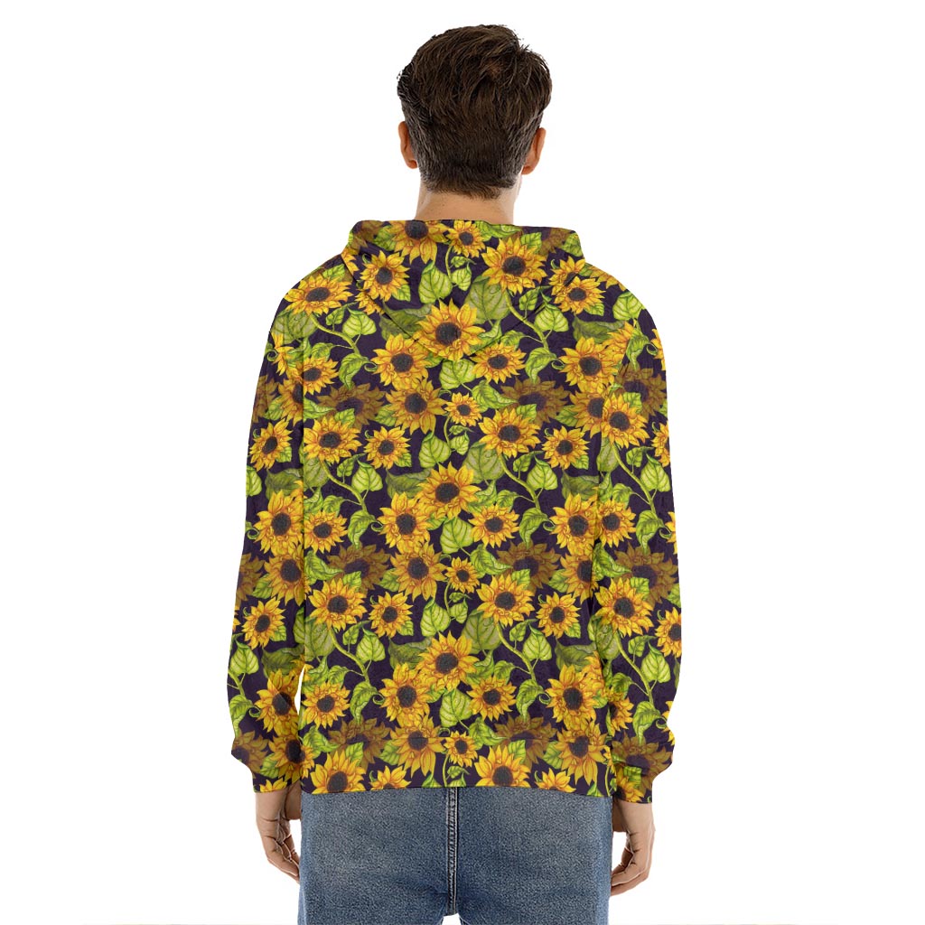 Hand Drawn Sunflower Pattern Print Men's Velvet Pullover Hoodie