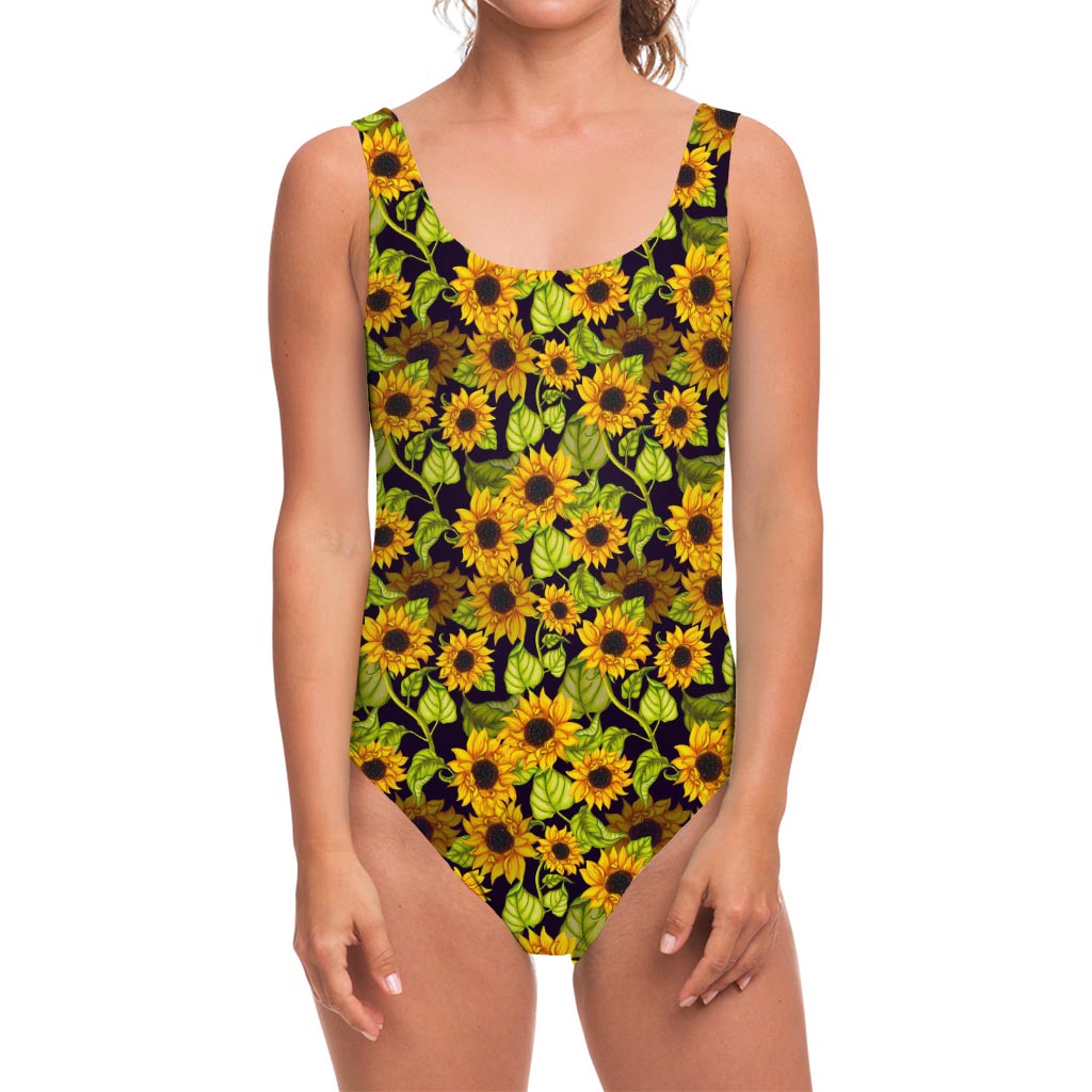 Hand Drawn Sunflower Pattern Print One Piece Swimsuit