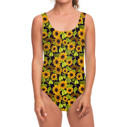 Hand Drawn Sunflower Pattern Print One Piece Swimsuit