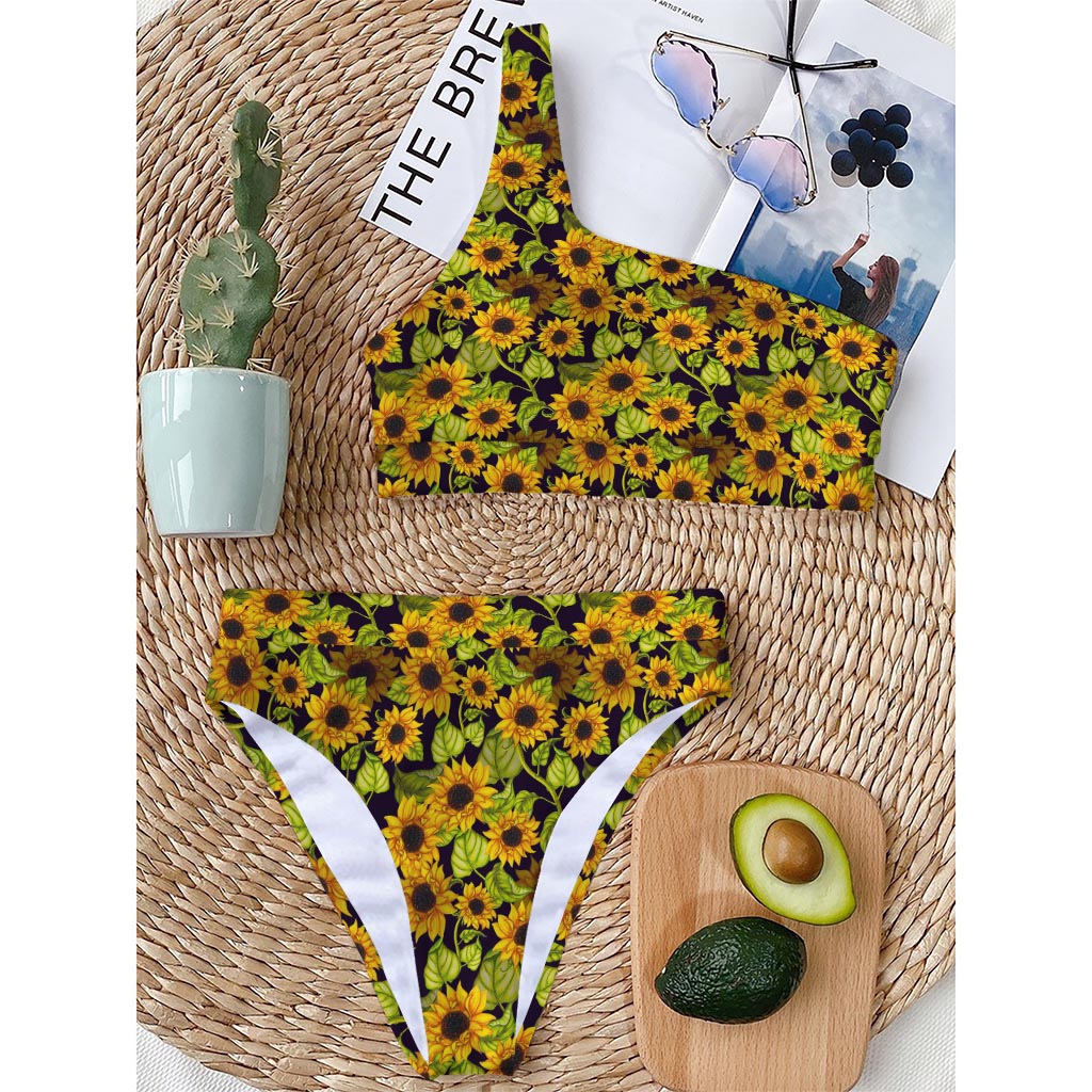 Hand Drawn Sunflower Pattern Print One Shoulder Bikini Top