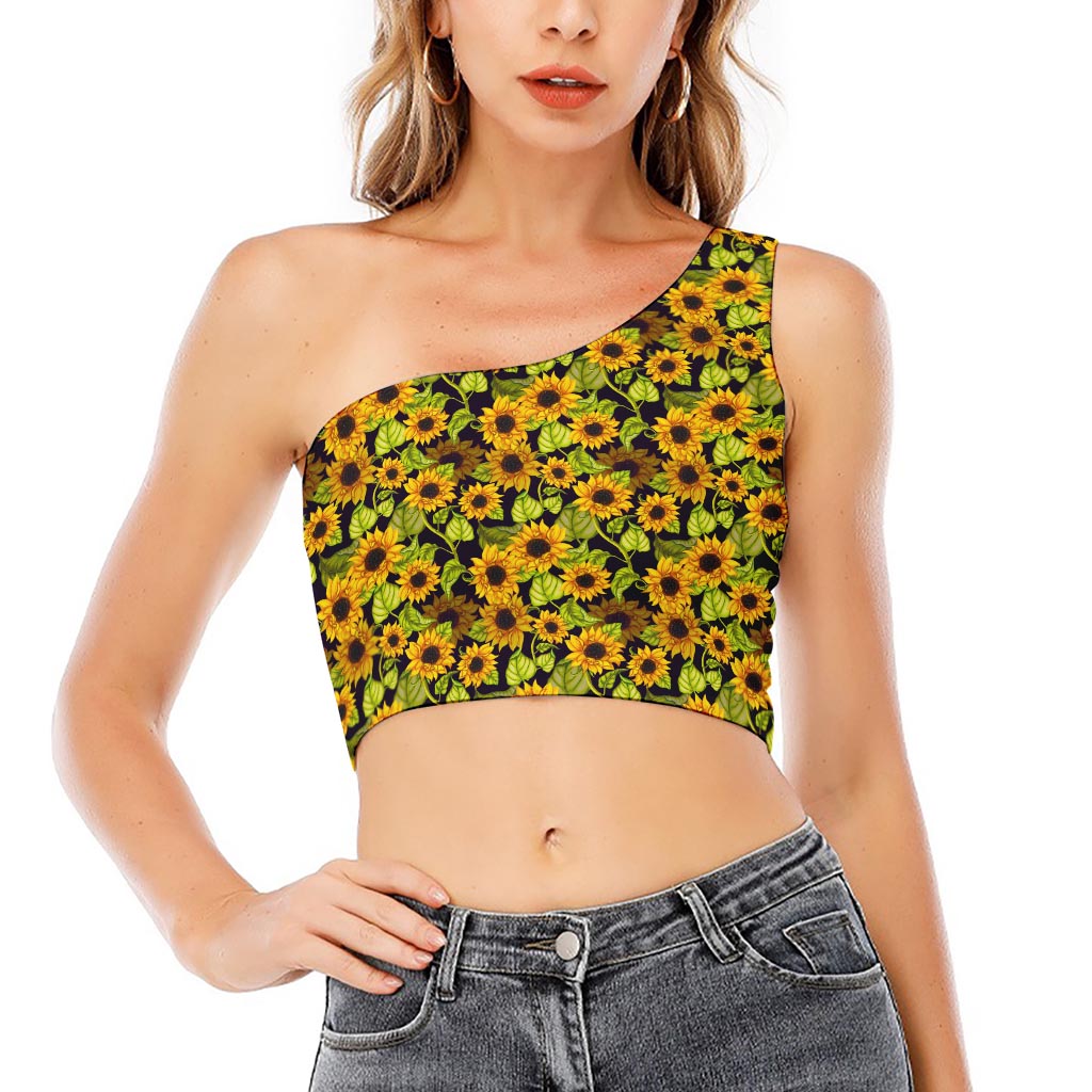 Hand Drawn Sunflower Pattern Print One Shoulder Crop Top