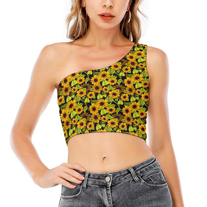 Hand Drawn Sunflower Pattern Print One Shoulder Crop Top