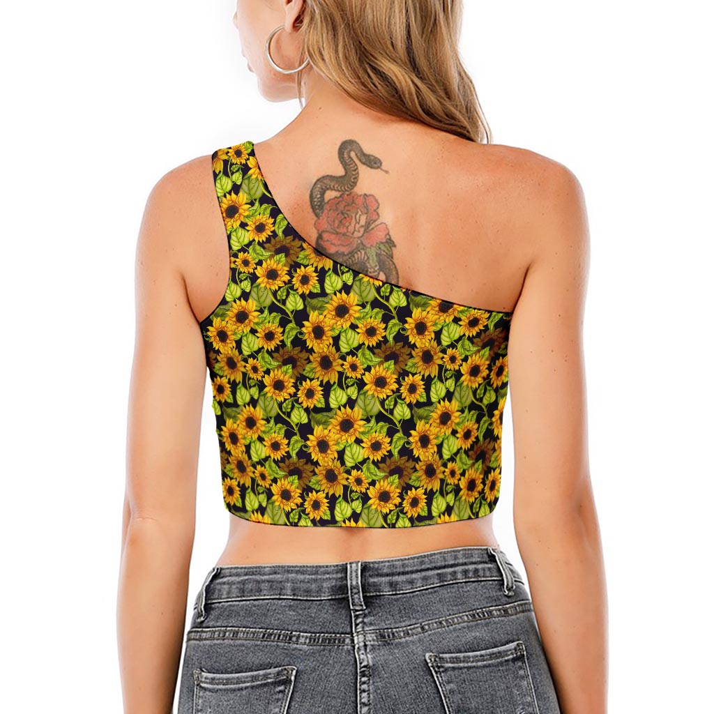 Hand Drawn Sunflower Pattern Print One Shoulder Crop Top